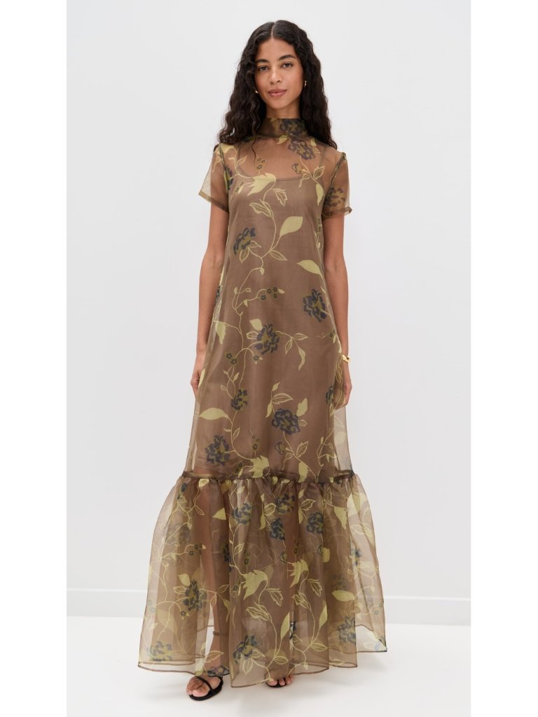 Staud Calluna Vintage Floral Organza Maxi Dress Gown Brown Green L